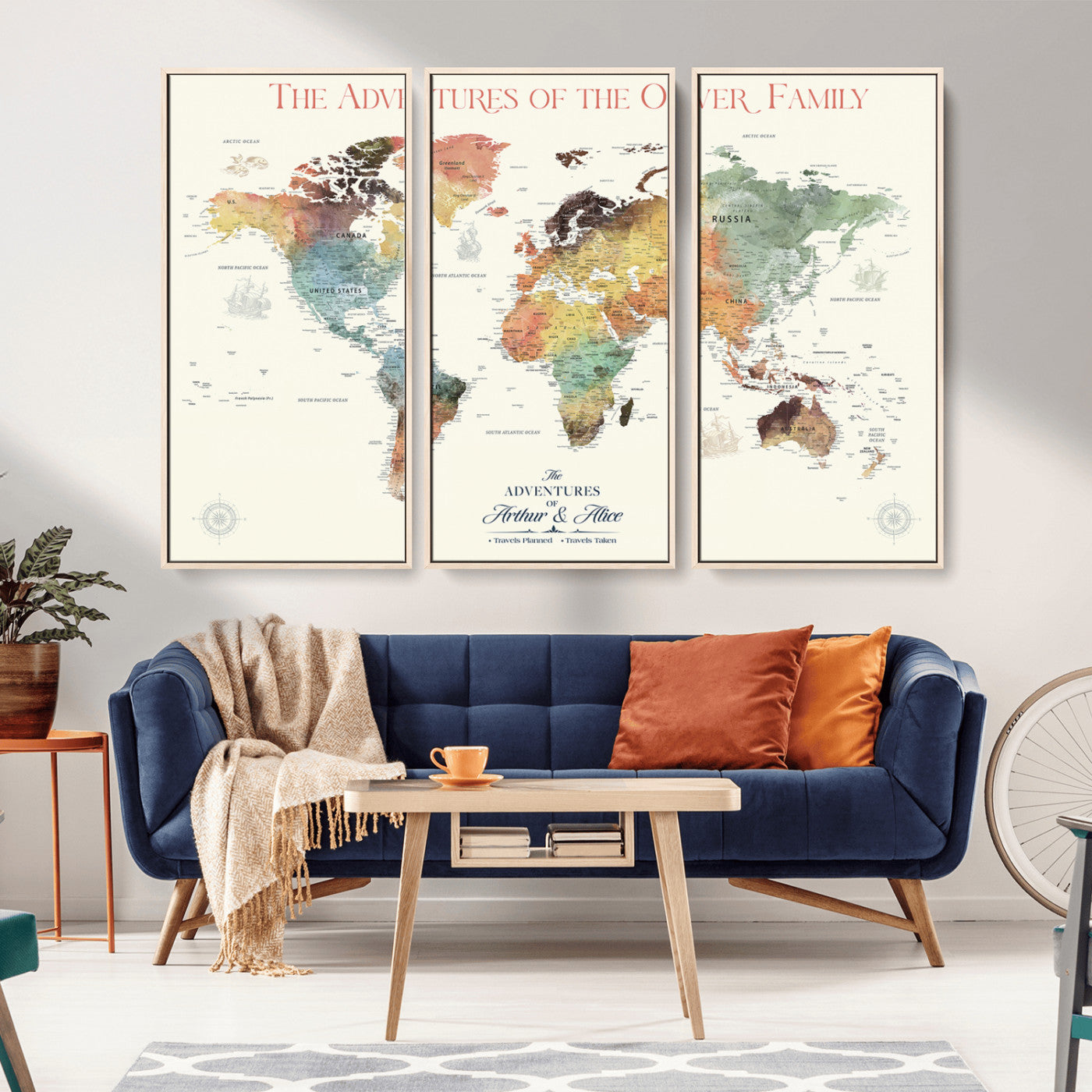 81112187-MGV-CV-36X24-Colorful Watercolor World Map Wall Art – Adventure Travel Canvas Print, Vintage Explorer Map Decor for Living Room, Study, Office,