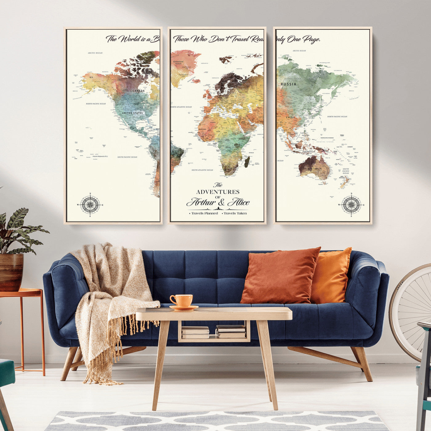 40183091-MGV-CV-36X24-Watercolor Pastel World Map Wall Art – Adventure Travel Canvas Print, Inspirational Quote Map Decor for Living Room, Office,