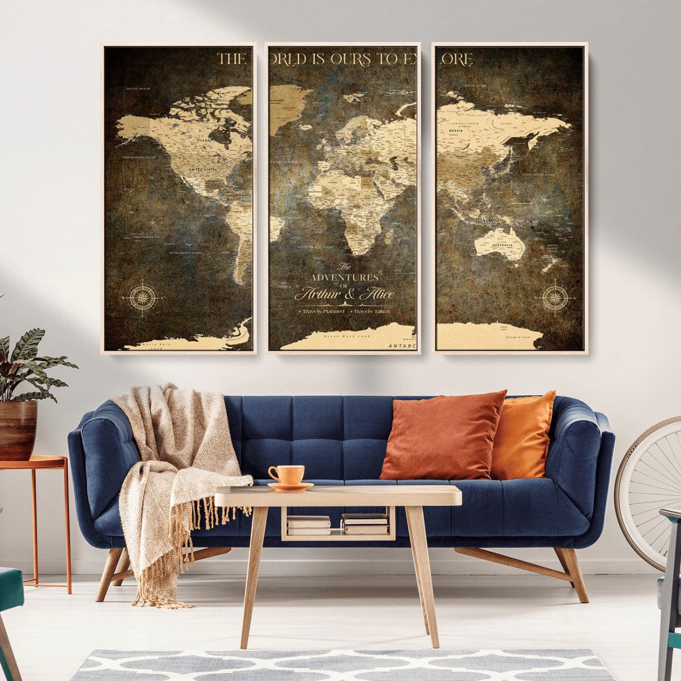 99276334-MGV-CV-36X24-Vintage Sepia World Map Wall Art – Antique Travel Adventure Canvas Print, Rustic Explorer Map Artwork, Classic Wanderlust Decor