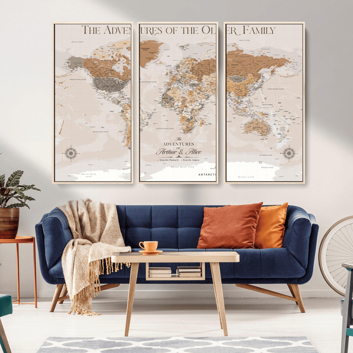 26237940-MGV-CV-36X24-Neutral Earth Tone World Map Wall Art – Modern Travel Adventure Canvas Print, Warm Beige Explorer Map Artwork, Minimalist