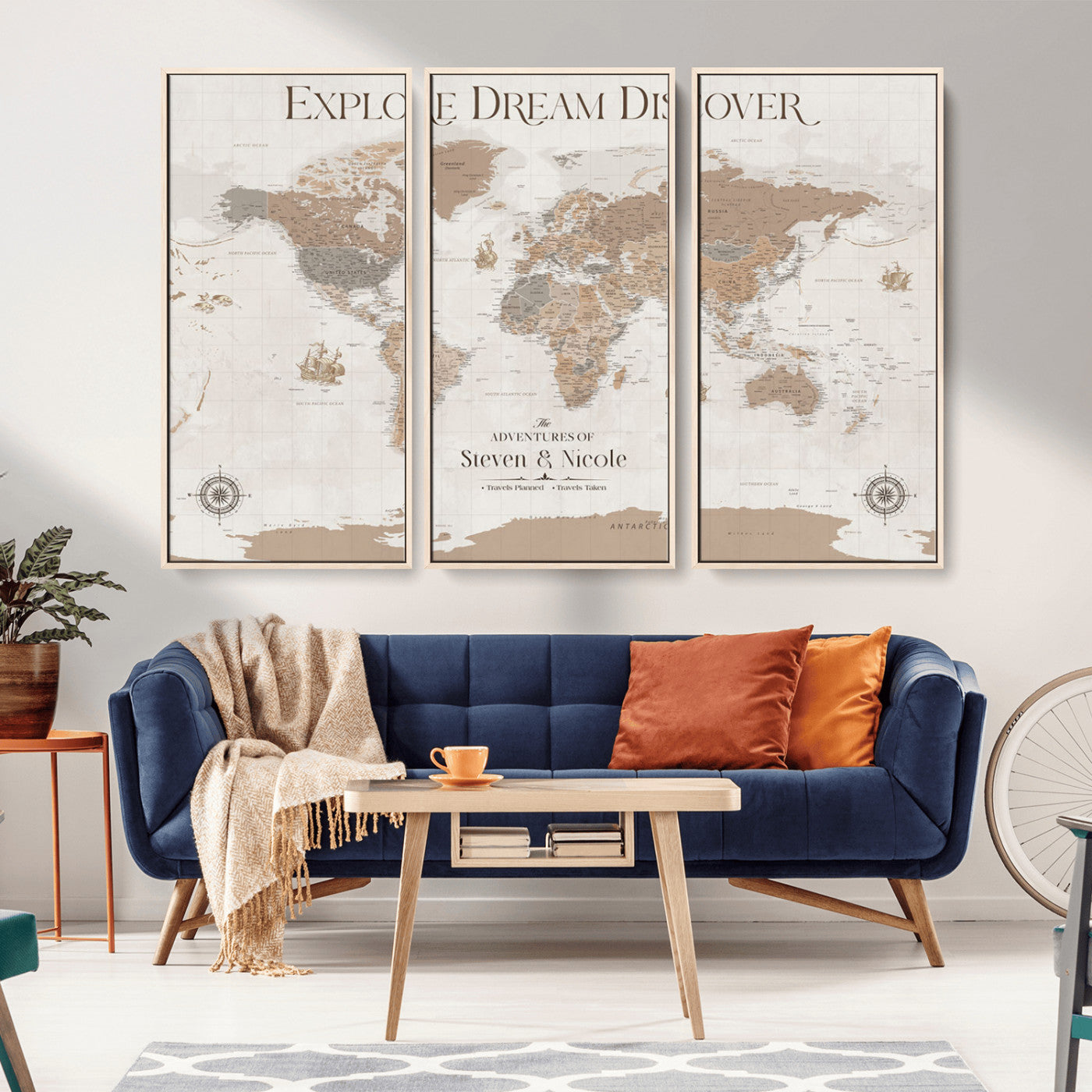 63516865-MGV-CV-36X24-Explore Dream Discover World Map Wall Art – Inspirational Travel Adventure Canvas Print, Neutral Parchment Style Explorer Decor