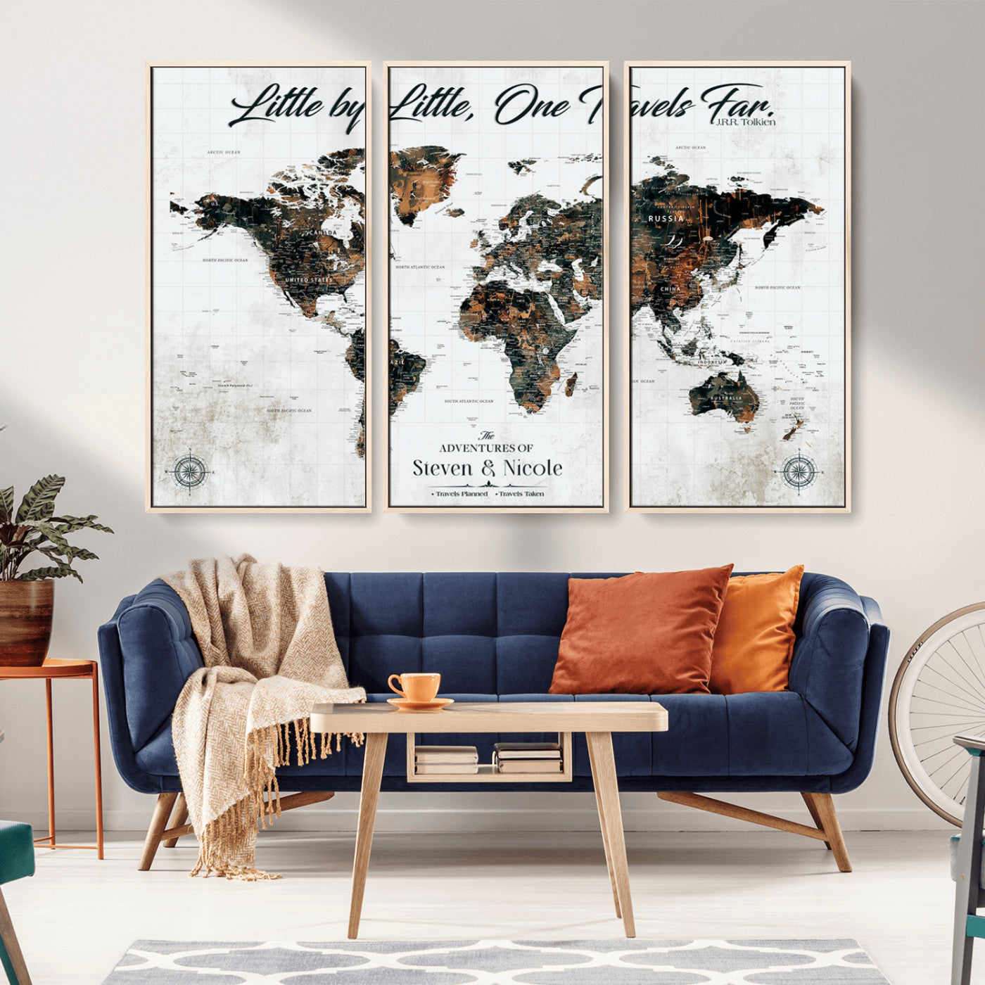 88337180-MGV-CV-36X24-Little by Little One Travels Far Tolkien Quote World Map Rustic Black Brown Adventure Wall Art Canvas Print for Home Office Living