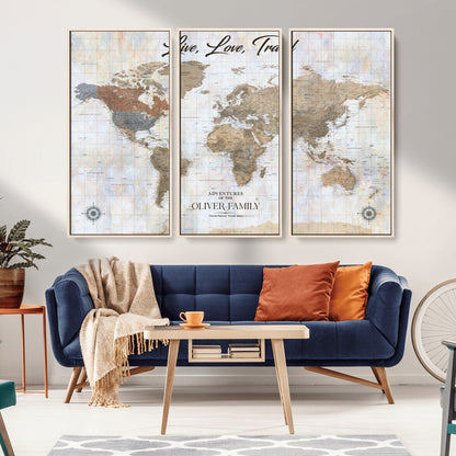 43924907-MGV-CV-36X24-Live Love Travel Wall Art – Neutral World Map Canvas Print, Rustic Adventure Decor for Home, Office or Living Room, Unique Gift