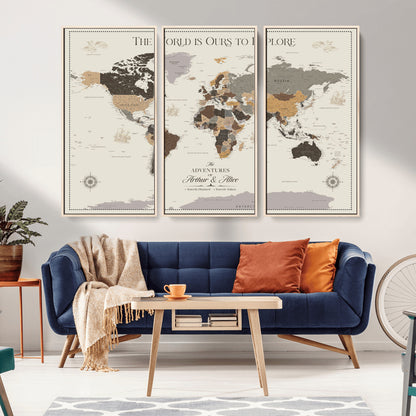 90024882-MGV-CV-36X24-The World is Ours to Explore Wall Art – Earth Tone World Map Canvas Print, Adventure Travel Decor for Living Room, Office or