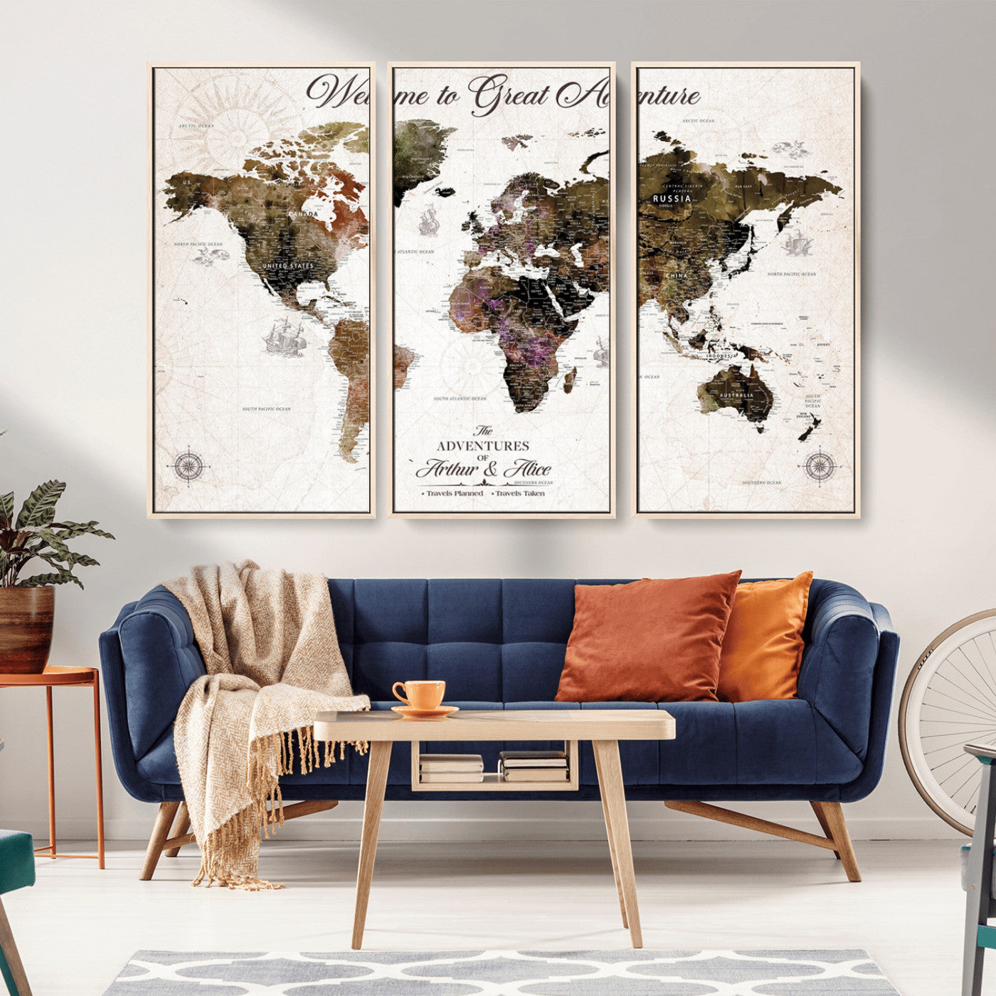 94024299-MGV-CV-36X24-Welcome to Great Adventure Wall Art – Vintage World Map Canvas Print, Rustic Travel Decor for Living Room, Office or Bedroom