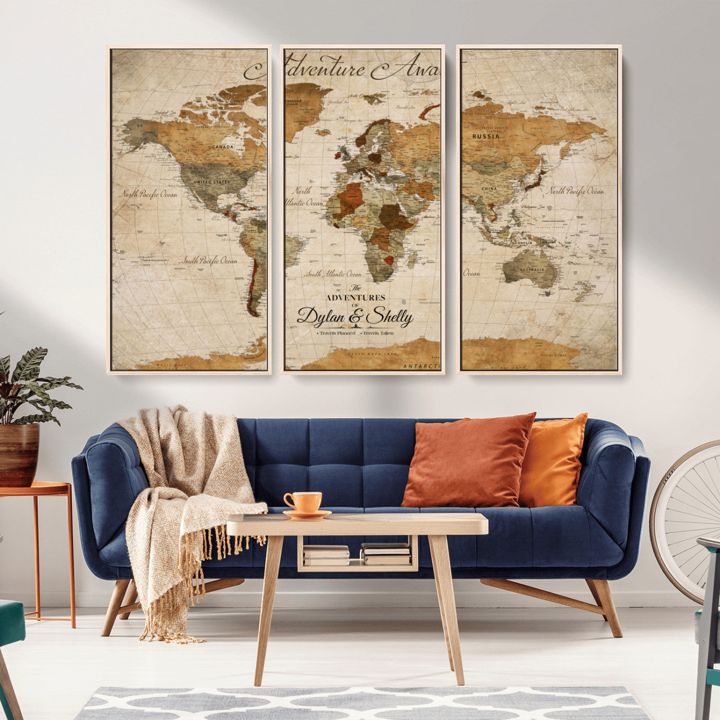 20810820-MGV-CV-36X24-World Map Wall Art – Adventure Awaits Vintage Travel Canvas Print, Rustic Push Pin Map Decor for Living Room, Office, Bedroom