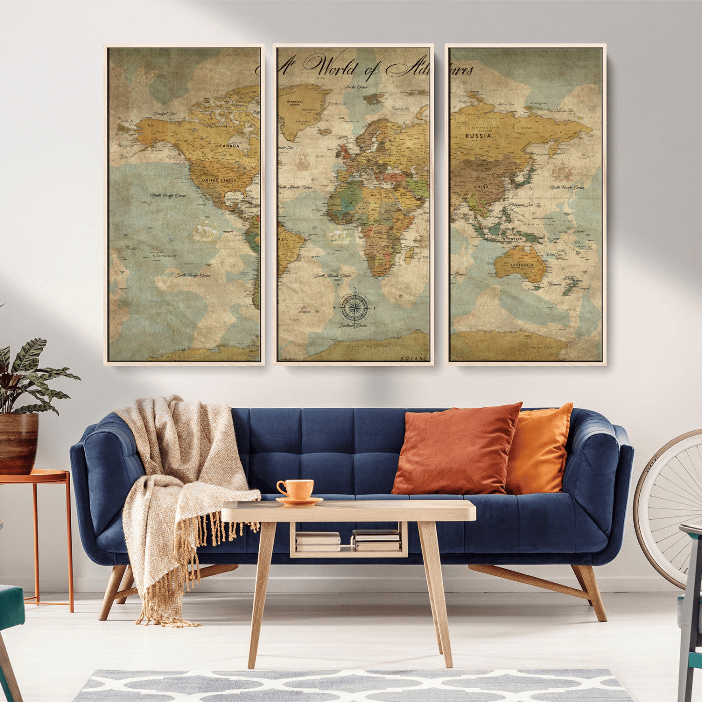75690627-MGV-CV-36X24-World Map Wall Art – A World of Adventures Vintage Travel Canvas Print, Antique Push Pin Map Décor for Living Room, Office,