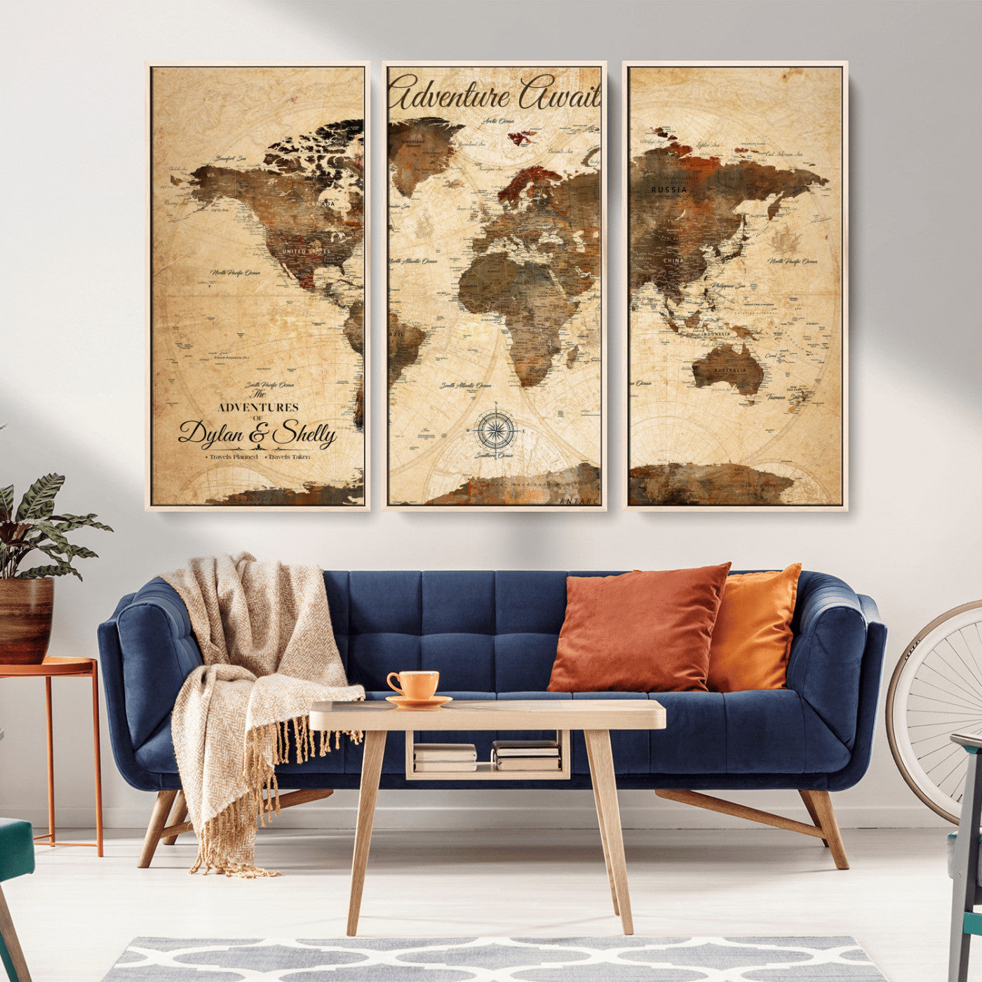 66357947-MGV-CV-36X24-Rustic World Map Wall Art – Adventure Awaits Vintage Push Pin Canvas Print, Antique Brown Travel Map Décor for Living Room,
