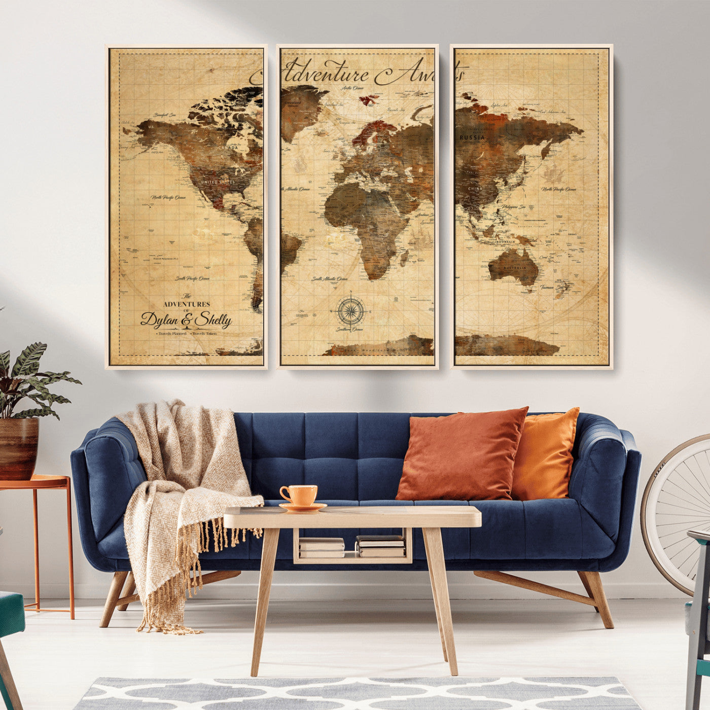 57497711-MGV-CV-36X24-Adventure Awaits World Map Wall Art – Rustic Vintage Travel Push Pin Canvas Print, Wanderlust Decor for Living Room, Office,