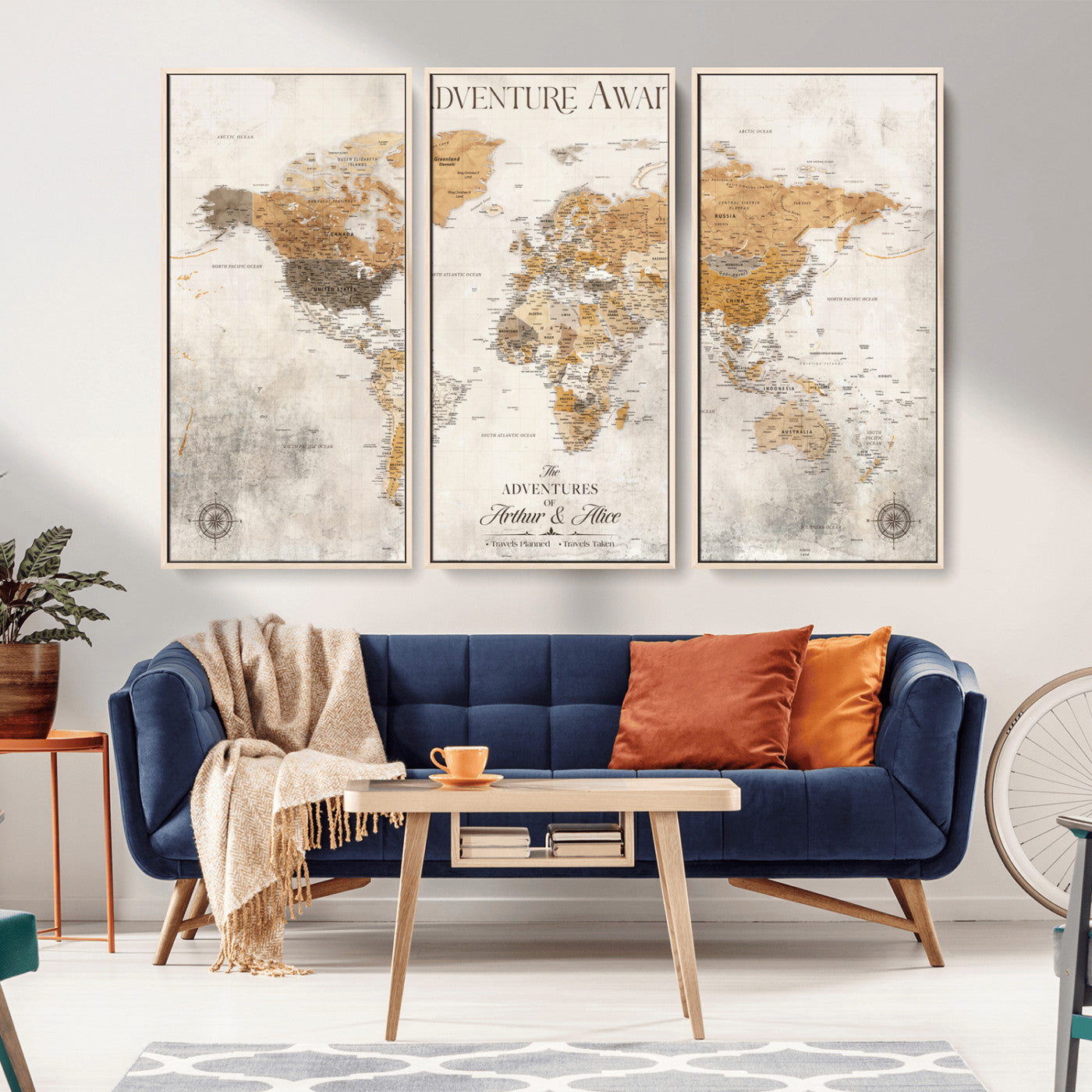 99422096-MGV-CV-36X24-Adventure Awaits World Map Wall Art – Neutral Beige Canvas Print, Modern Travel Inspired Wall Decor for Living Room, Bedroom or