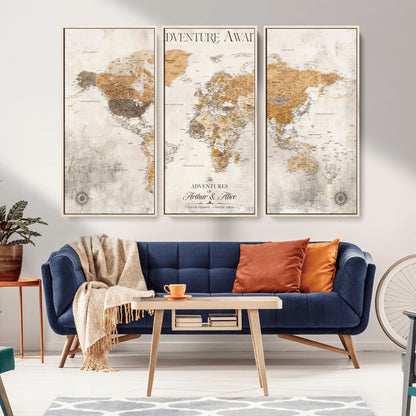 99422096-MGV-CV-36X24-Adventure Awaits World Map Wall Art – Neutral Beige Canvas Print, Modern Travel Inspired Wall Decor for Living Room, Bedroom or