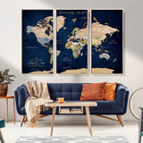 43160428-MGV-CV-36X24-Adventure Awaits Navy Blue World Map – Vibrant Travel Canvas Wall Art, Antique Atlas Print, Wanderlust Decor for Home Office
