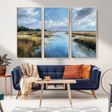 87082041-MGV-CV-36X24-Marshland Landscape Wall Art – Serene Nature Canvas Print with Blue Sky and Reflections, Tranquil Scenic Painting for Living Room,