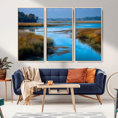 26300004-MGV-FC-48X32-3P_Natural-Tranquil Marshland Canvas Wall Art – Blue Water, Reflective Sky, Golden Grasses, Calm Nature Landscape, Scenic Outdoor Beauty for
