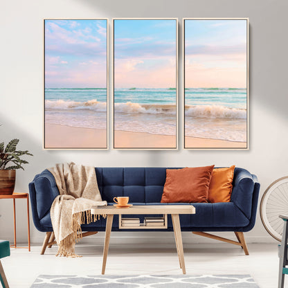 88024944-MGV-FC-48X32-3P_Natural-Serene Ocean Waves Canvas Wall Art – Pastel Sky, Soft Sand Beach, Tranquil Seascape, Calm Water Coastal Nature, Relaxing Peaceful