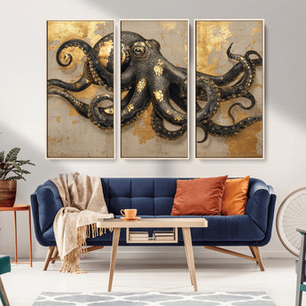 57944271-MGV-CV-36X24-Octopus Wall Art – Black and Gold Nautical Canvas Print, Modern Ocean Inspired Artwork with Elegant Detailing, Coastal Marine
