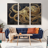 47056538-MGV-CV-36X24-Octopus Wall Art – Gold Nautical Canvas Print with Rustic Wood Texture, Marine Creature Artwork for Coastal Ocean Decoration in