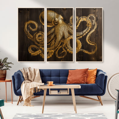 56769669-MGV-CV-36X24-Octopus Wall Art – Gold Nautical Canvas Print with Rustic Wood Panel Design, Detailed Marine Artwork for Coastal Ocean Decoration