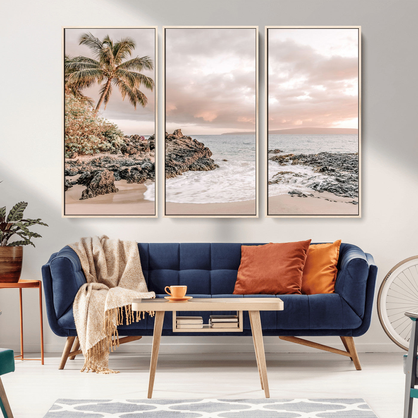 18005328-MGV-FC-48X32-3P_Natural-Tropical Beach Canvas Wall Art – Palm Tree, Rocky Shoreline, Ocean Waves, Sunset Clouds, Calm Sea, Island Nature Relaxation for