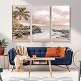 18005328-MGV-FC-48X32-3P_Natural-Tropical Beach Canvas Wall Art – Palm Tree, Rocky Shoreline, Ocean Waves, Sunset Clouds, Calm Sea, Island Nature Relaxation for