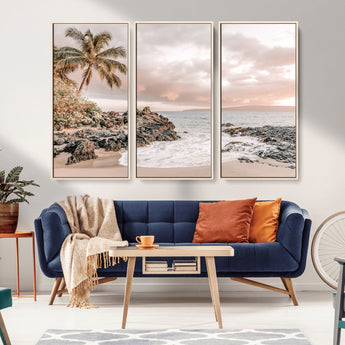 18005328-MGV-CV-36X24-Tropical Beach Wall Art – Coastal Ocean Canvas Print with Palm Tree, Sunset Sky and Rocky Shore, Serene Seascape Photography for