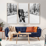 38956835-MGV-CV-36X24-Moose Wall Art – Black and White Wildlife Canvas Print with Snowy Forest Road, Rustic Nature Photography for Cabin, Lodge, Living