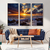 35900590-MGV-FC-48X32-3P_Natural-Sunset Ocean Waves Canvas Wall Art – Rocky Shore, Dramatic Sky, Golden Sun Rays, Coastal Beauty, Serene Water Motion for Living