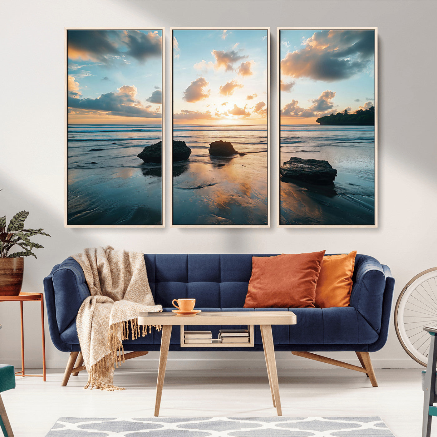 23879436-MGV-CV-36X24-Ocean Sunset Wall Art – Serene Seascape Canvas Print with Golden Sky, Reflections on Sand and Calm Waves, Peaceful Coastal