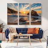 85659923-MGV-FC-48X32-3P_Natural-Rocky Ocean Sunset Canvas Wall Art – Seaside Dramatic Seascape Print, Coastal Modern Decor, Ocean Sunset Art for Living Room or