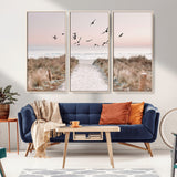 34632598-MGV-FC-48X32-3P_Natural-Coastal Pathway Canvas Wall Art – Framed Seaside Landscape, Large Beach and Birds Canvas Print for Home, Office, or Living Room