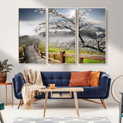 34632598CRY-MGV-CV-36X24-Cherry Blossom Wall Art – Scenic Asian Landscape Canvas Print with Wooden Walkway, Misty Mountains and Sunrise, Serene Nature