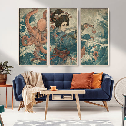 52037775-MGV-FC-48X32-3P_Natural-Tsukioka Yoshitoshi Samurai Wall Art Print, Japanese Katana Warrior Canvas Wall Art, Octopus Sea Monster Canvas Print,
