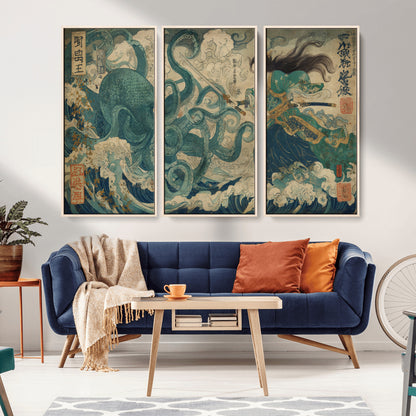 60346622-MGV-CV-36X24-Samurai Warrior vs Octopus Wall Art – Japanese Ukiyo-e Style Ocean Battle Canvas Print, Traditional Samurai Artwork for Living