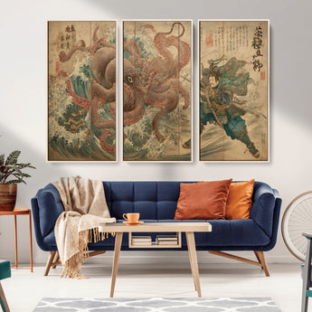 63782167-MGV-FC-48X32-3P_Natural-Tsukioka Yoshitoshi Samurai Wall Art Print, Japanese Katana Warrior Canvas Wall Art, Octopus Sea Monster Canvas Print,