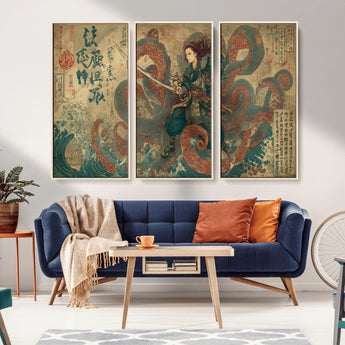 98593115-MGV-CV-36X24-Samurai Warrior vs Octopus Wall Art – Japanese Ukiyo-e Calligraphy Canvas Print, Ocean Battle Scene Artwork for Living Room,