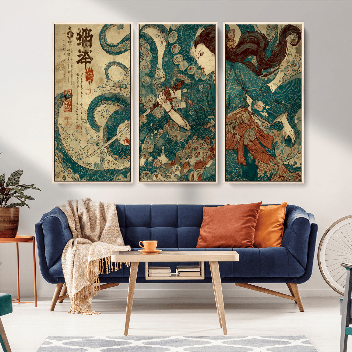 18575670-MGV-CV-36X24-Samurai Woman vs Octopus Wall Art – Japanese Ukiyo-e Ocean Battle Canvas Print, Traditional Warrior Artwork for Living Room,