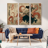 50812504-MGV-CV-36X24-Samurai Woman vs Octopus Wall Art – Japanese Ukiyo-e Red Tentacle Canvas Print, Ocean Battle Artwork for Living Room, Office, Man