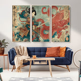 68844327-MGV-FC-48X32-3P_Natural-Tsukioka Yoshitoshi Samurai Wall Art Print, Japanese Katana Warrior Canvas Wall Art, Octopus Sea Monster Canvas Print,
