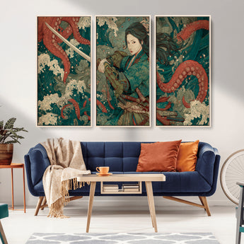 35461724-MGV-CV-36X24-Samurai Woman vs Octopus Wall Art – Japanese Ukiyo-e Ocean Waves Canvas Print, Red Tentacle Battle Artwork for Living Room,