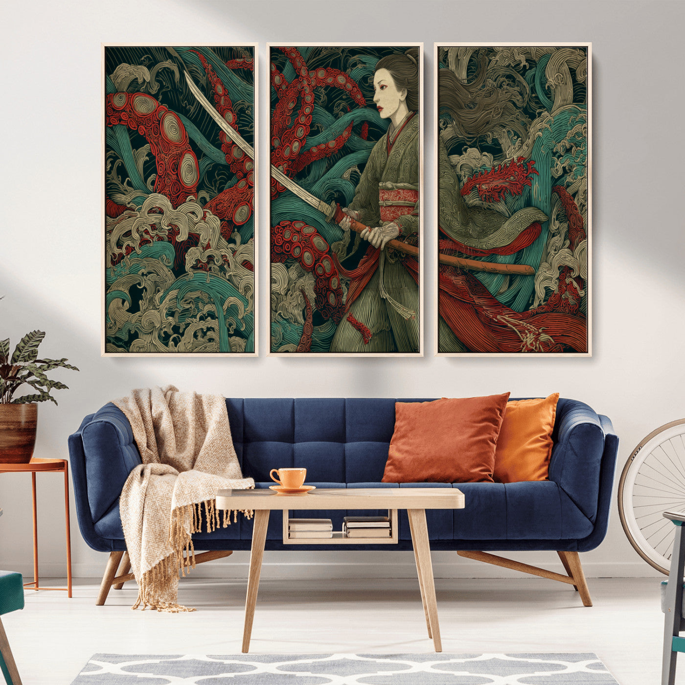 18902796-MGV-CV-36X24-Samurai Woman vs Octopus Wall Art – Japanese Ukiyo-e Green Kimono Canvas Print, Ocean Battle Scene Artwork for Living Room,