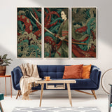 18902796-MGV-CV-36X24-Samurai Woman vs Octopus Wall Art – Japanese Ukiyo-e Green Kimono Canvas Print, Ocean Battle Scene Artwork for Living Room,
