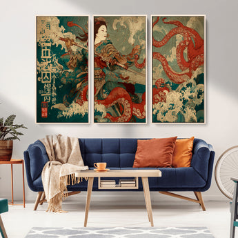 60201267-MGV-CV-36X24-Samurai Woman vs Octopus Wall Art – Japanese Ukiyo-e Armor Canvas Print, Red Tentacle Ocean Battle Artwork for Living Room,