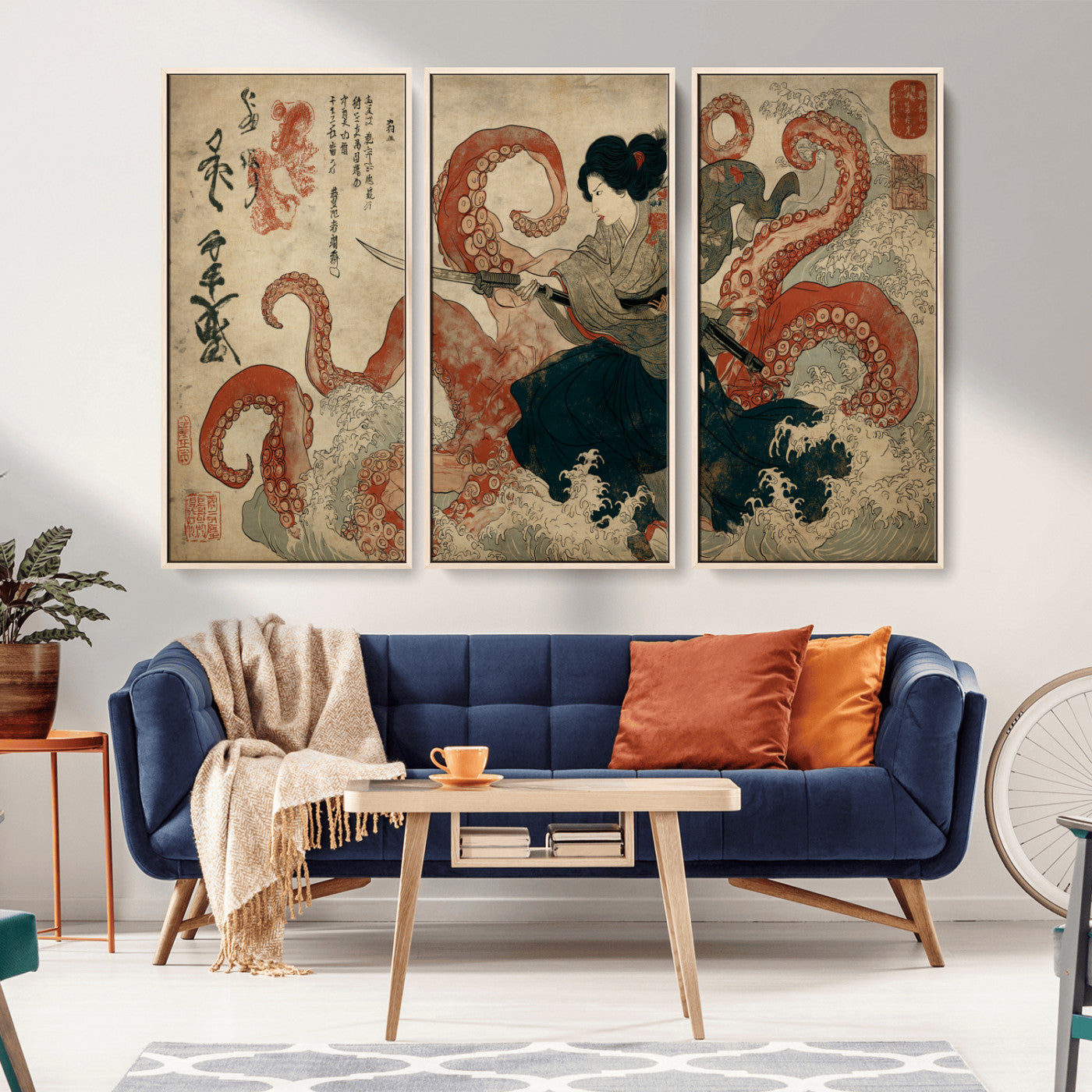 82737246-MGV-CV-36X24-Samurai Woman vs Octopus Wall Art – Japanese Ukiyo-e Dual Sword Canvas Print, Red Tentacle Ocean Battle Artwork for Living Room,