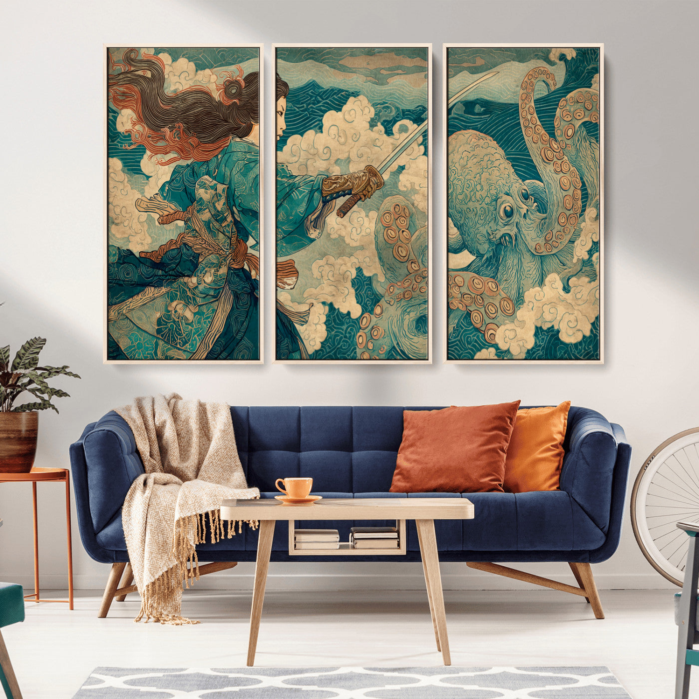 99764195-MGV-CV-36X24-Samurai vs Octopus Wall Art – Japanese Ukiyo-e Style Warrior and Sea Monster Canvas Print, Mythology Inspired Artwork for Living