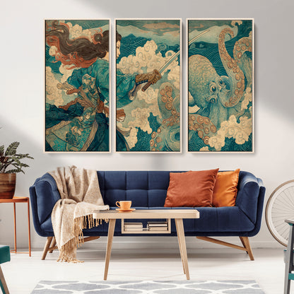 99764195-MGV-CV-36X24-Samurai vs Octopus Wall Art – Japanese Ukiyo-e Style Warrior and Sea Monster Canvas Print, Mythology Inspired Artwork for Living