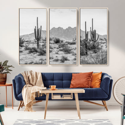 97436PHN-MGV-CV-36X24-Desert Landscape Wall Art – Black and White Cactus and Mountain Canvas Print, Southwestern Nature Photography for Living Room,