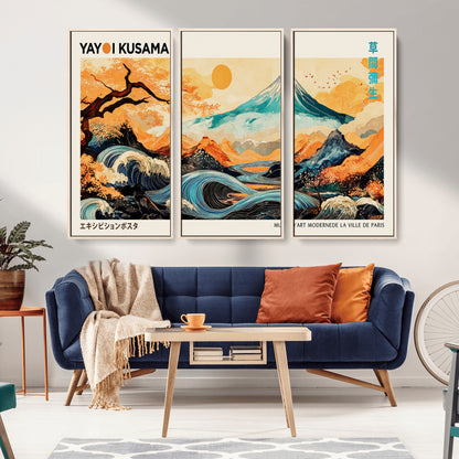94085549-MGV-FC-48X32-3P_Natural-Yayoi Kusama Inspired Japanese Landscape Art Print – Vibrant Mount Fuji, Waves & Autumn Trees, Modern Decorative Poster for