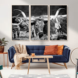 15425553-MGV-CV-36X24-Western Wall Art – Longhorn Cattle Black and White Canvas Print, Rustic Ranch Photography Decor for Bedroom, Living Room, Office,
