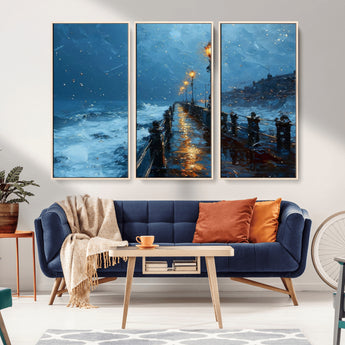93793246-MGV-CV-36X24-Stormy Night Pier Canvas Wall Art – Moody Ocean Landscape with Lights, Blue Coastal Seascape Print for Bedroom, Living Room,