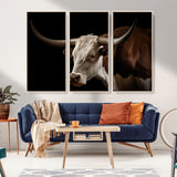 27414857-MGV-FC-48X32-3P_Natural-Texas Longhorn Bull Canvas Wall Art – Rustic Western Farmhouse Decor, Brown & White Cow Portrait, Animal Print for Ranch Home
